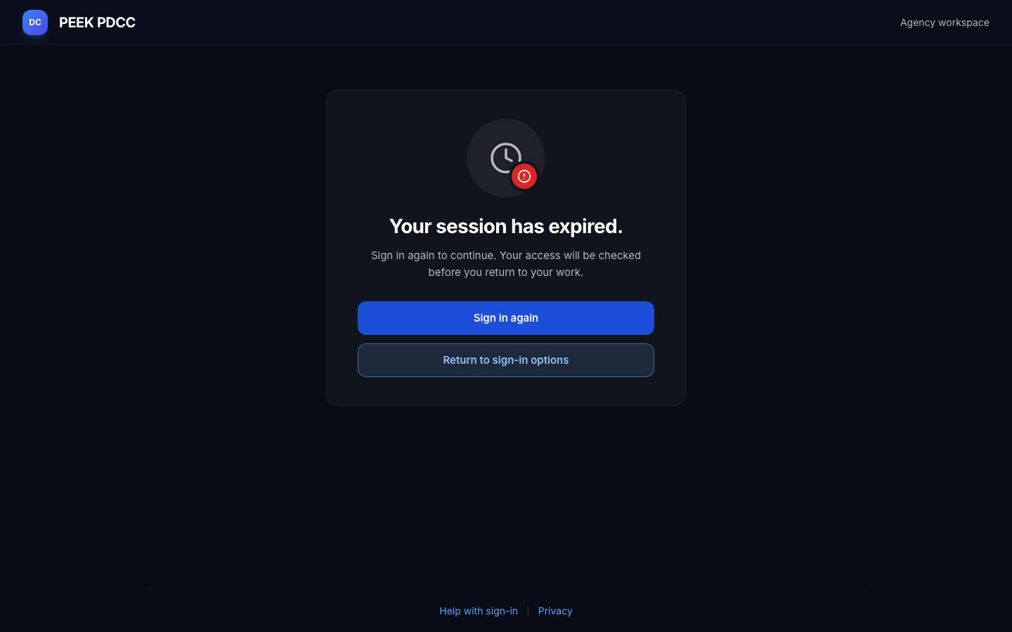 Pending access and expired sessions — /pdcc/signin?step=AU12