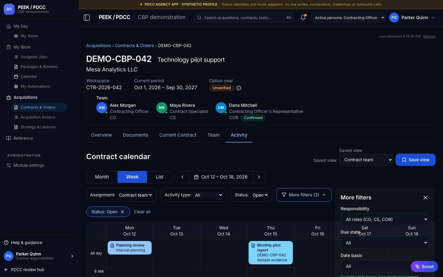 Activity calendar and activity details — /pdcc/acquisitions/contracts/CT-DEMO-007/calendar