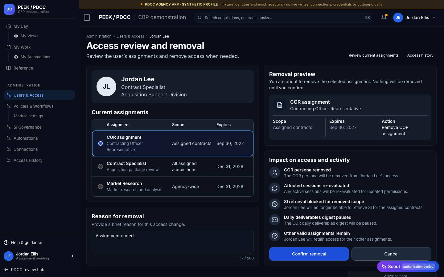 Access requests, effective access and access history — /pdcc/admin/users?screen=UA06