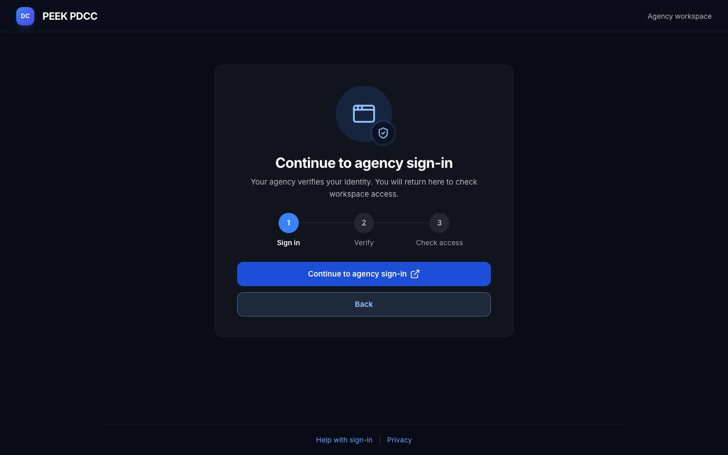 Sign in to your agency workspace — /pdcc/signin?step=AU02