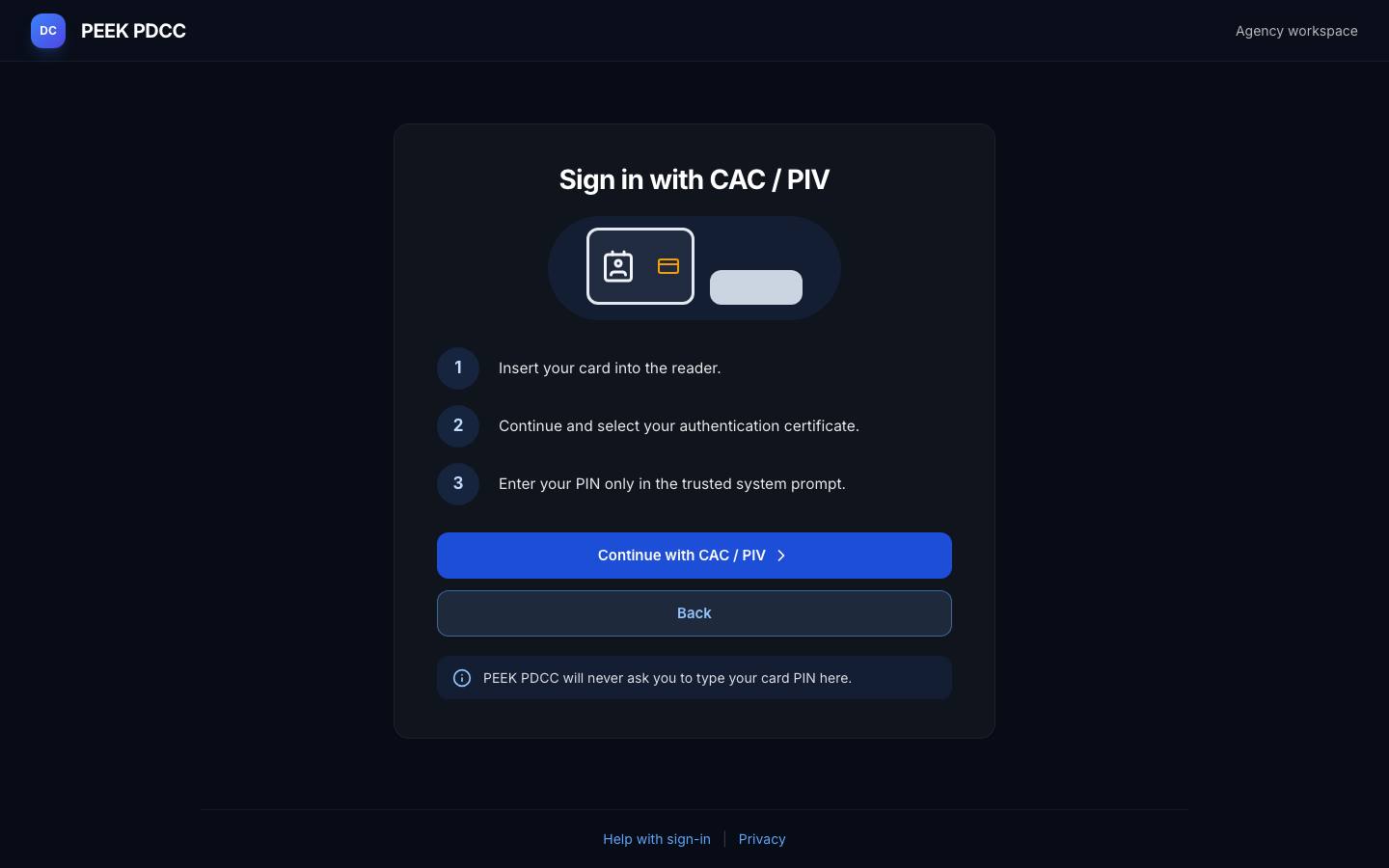 Sign in with a CAC or PIV card — /pdcc/signin?step=AU03