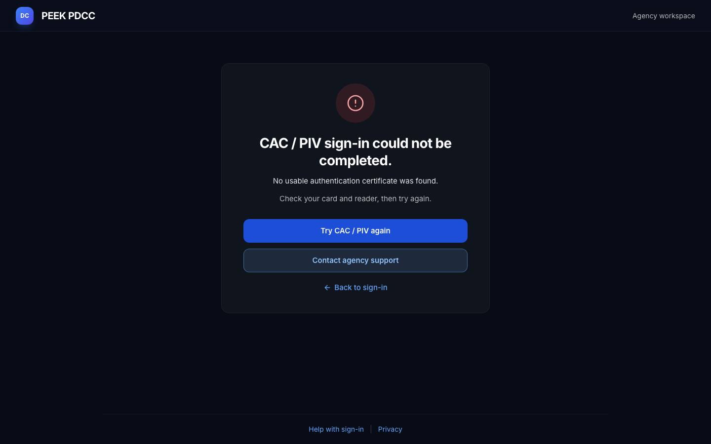 Sign in with a CAC or PIV card — /pdcc/signin?step=AU04