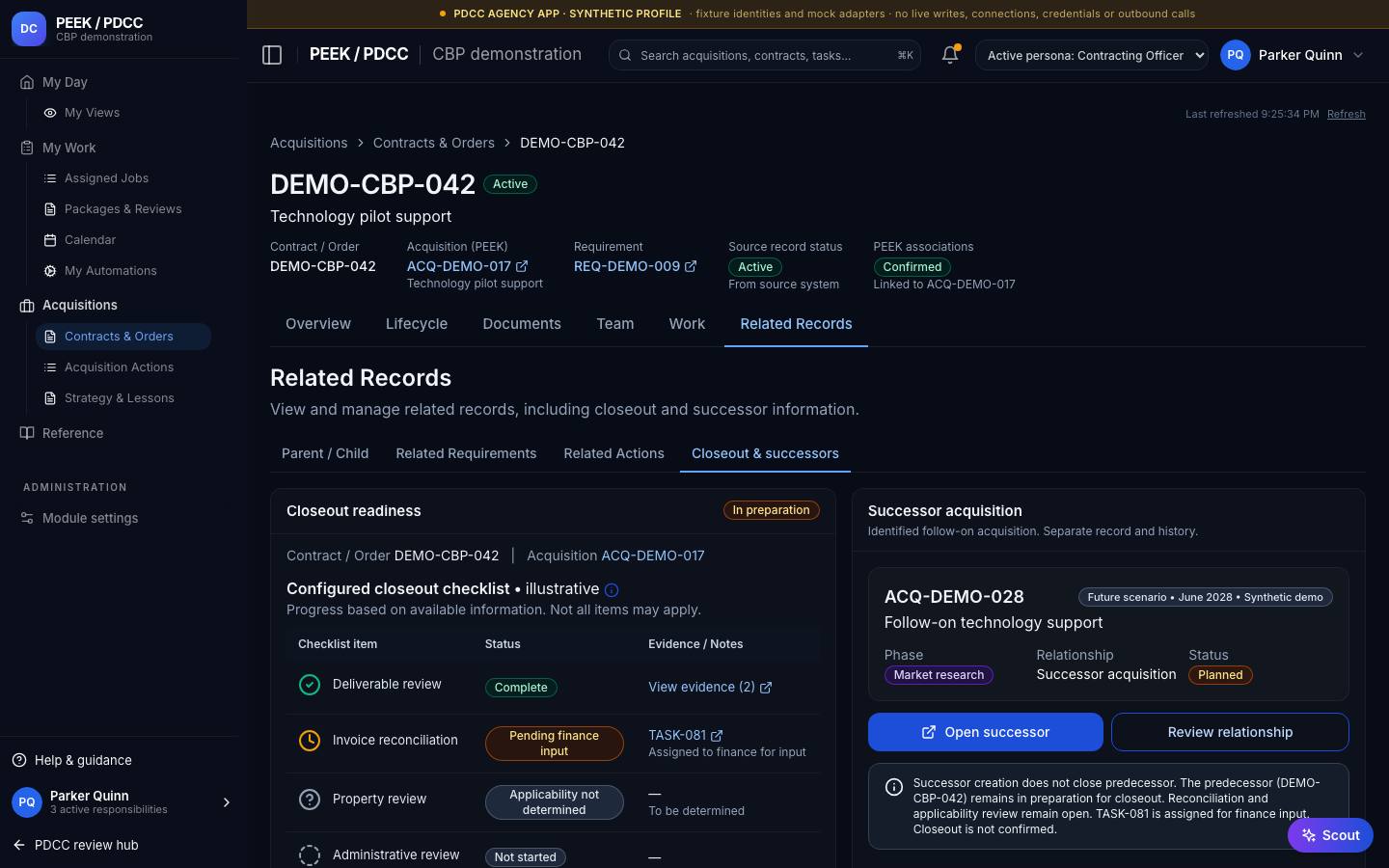 Closeout readiness and successor planning — /pdcc/acquisitions/contracts/CT-DEMO-007/closeout