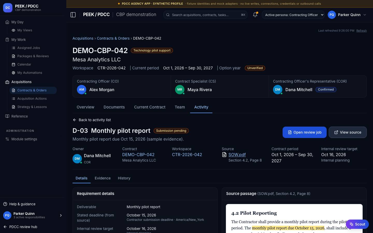 Contract calendar, waiting and overdue work — /pdcc/acquisitions/contracts/CT-DEMO-007/activity