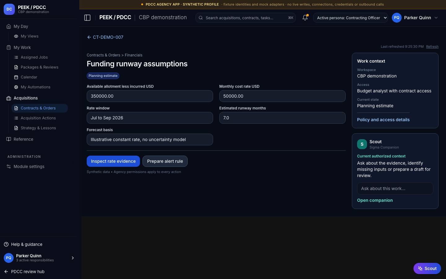 Financial position, transactions and runway — /pdcc/acquisitions/contracts/CT-DEMO-007/runway
