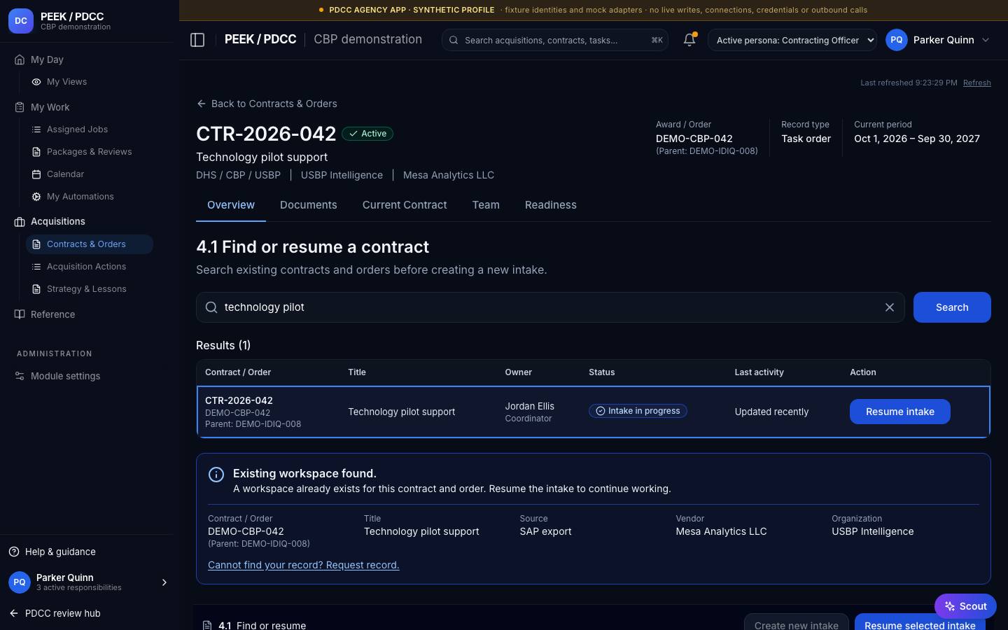 Bring a contract into work (intake) — /pdcc/acquisitions/contracts/CT-DEMO-012/find