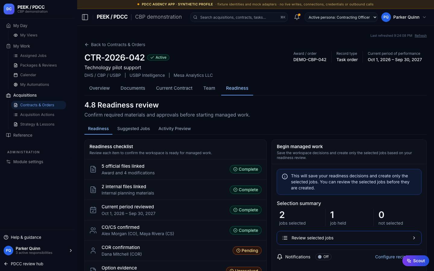 Readiness and managed work — /pdcc/acquisitions/contracts/CT-DEMO-012/readiness