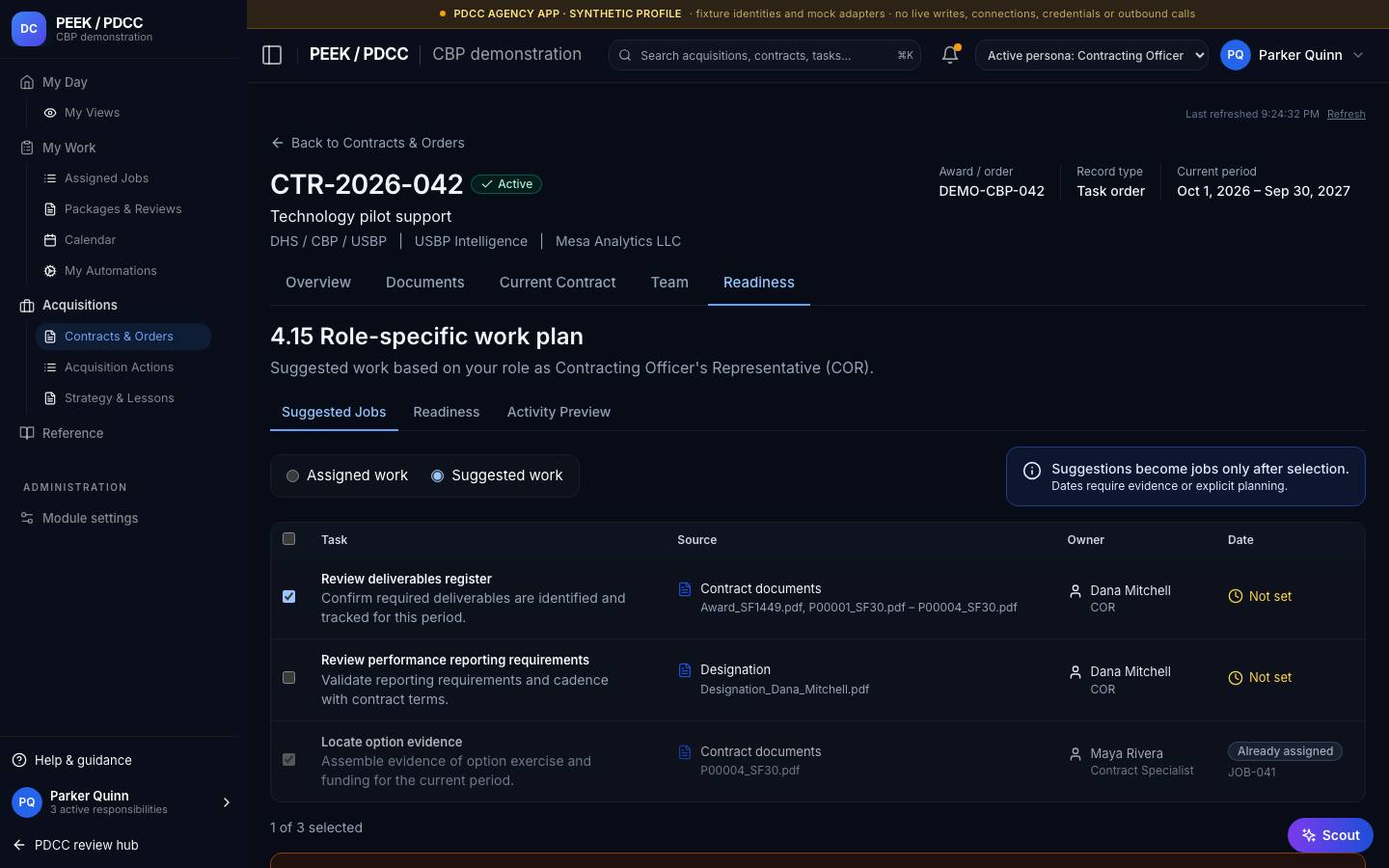 Readiness and managed work — /pdcc/acquisitions/contracts/CT-DEMO-012/readiness?view=work-plan