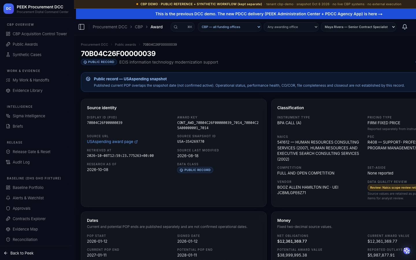 Public award detail — /dashboard/dcc/cbp/award?key=70B04C26F00000039