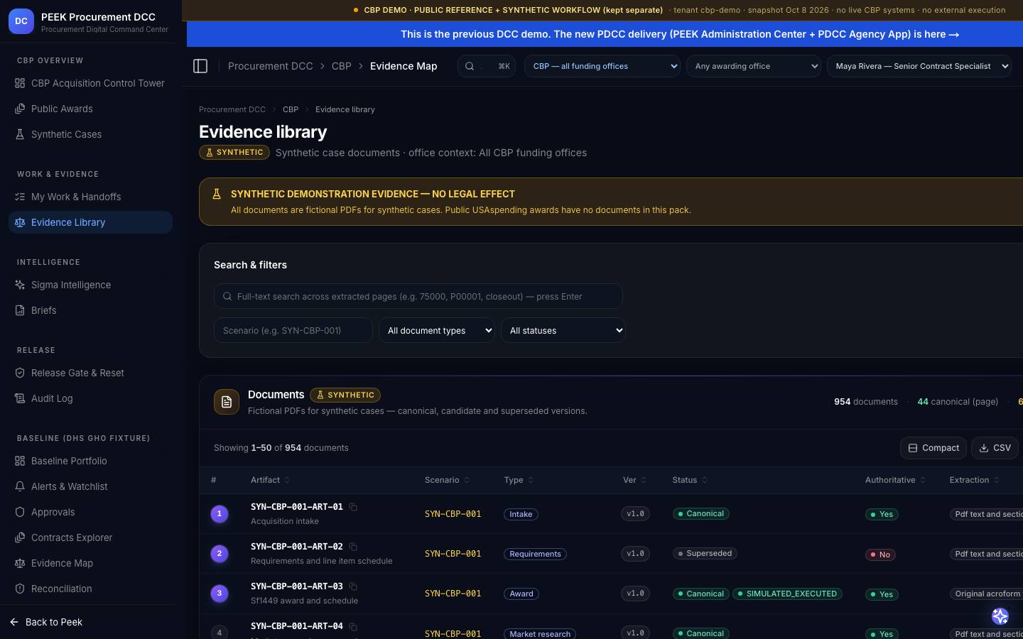 Evidence library and document viewer — /dashboard/dcc/cbp/evidence