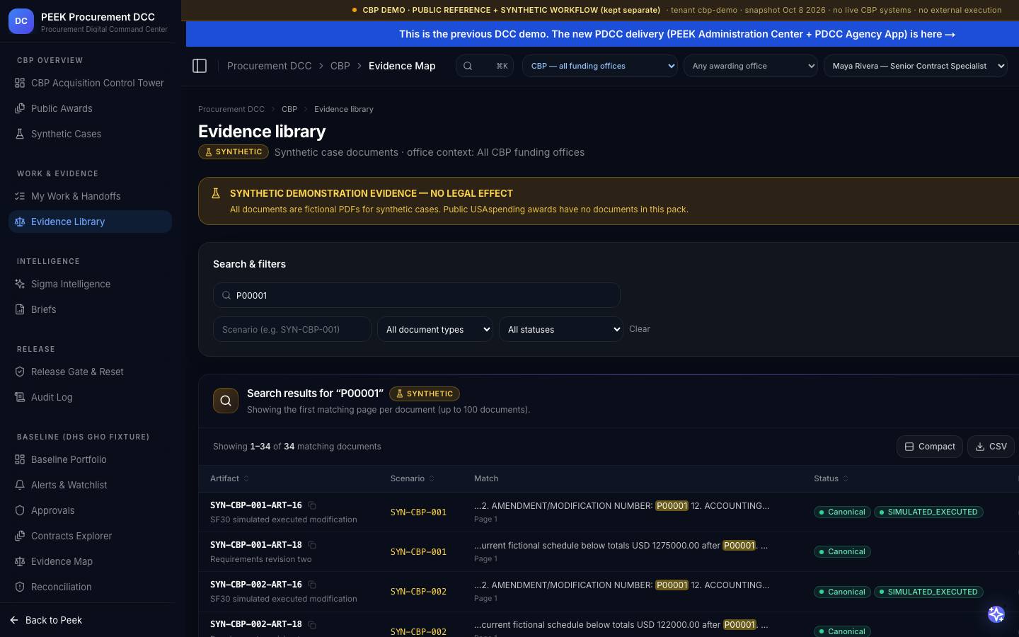 Evidence library and document viewer — /dashboard/dcc/cbp/evidence?q=P00001