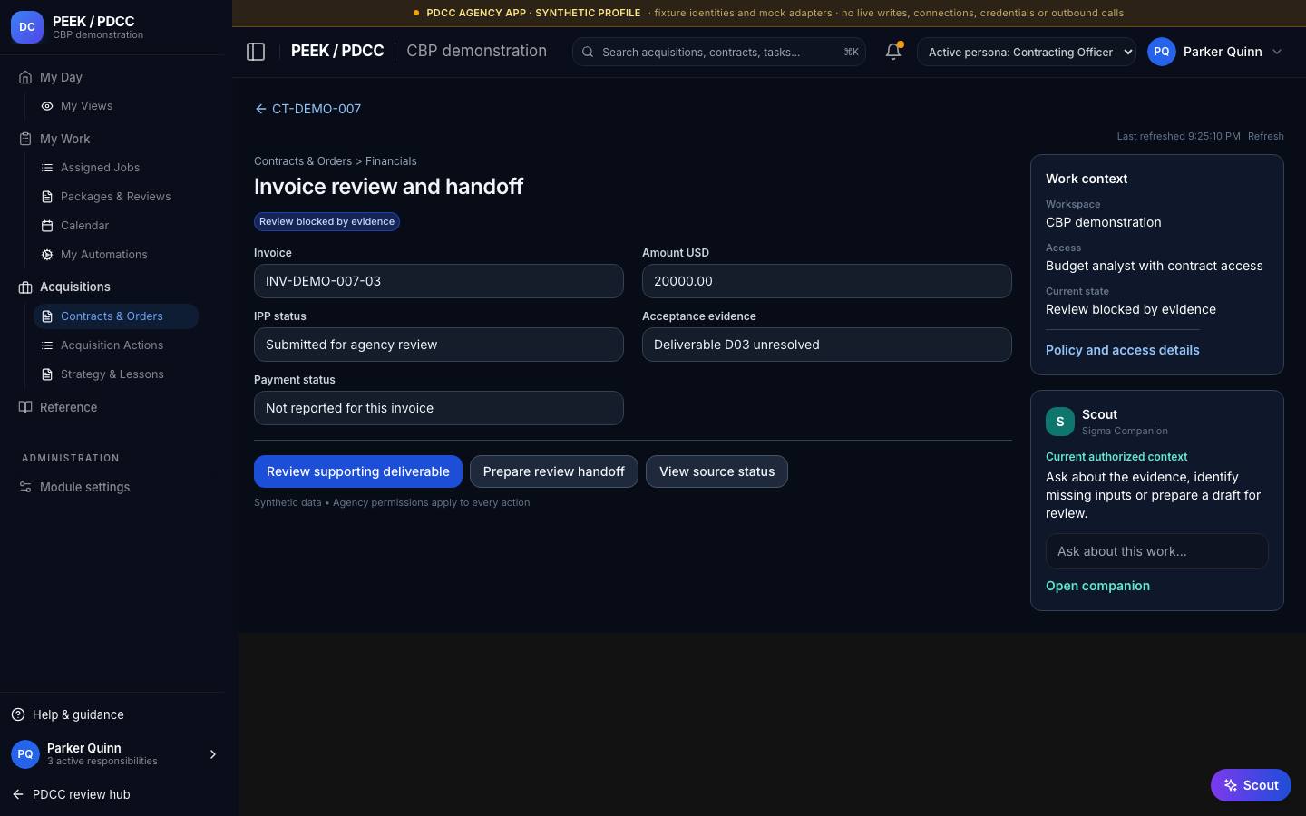 Invoices and funding alerts — /pdcc/acquisitions/contracts/CT-DEMO-007/invoice-review