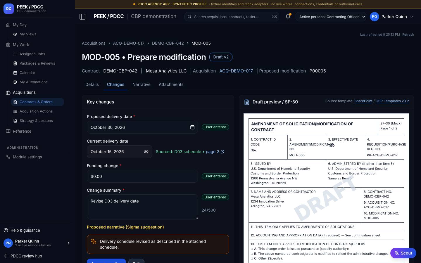 Modifications and document packages — /pdcc/acquisitions/contracts/CT-DEMO-007/modification?view=builder