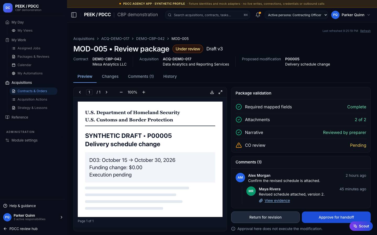 Modifications and document packages — /pdcc/acquisitions/contracts/CT-DEMO-007/package-verification
