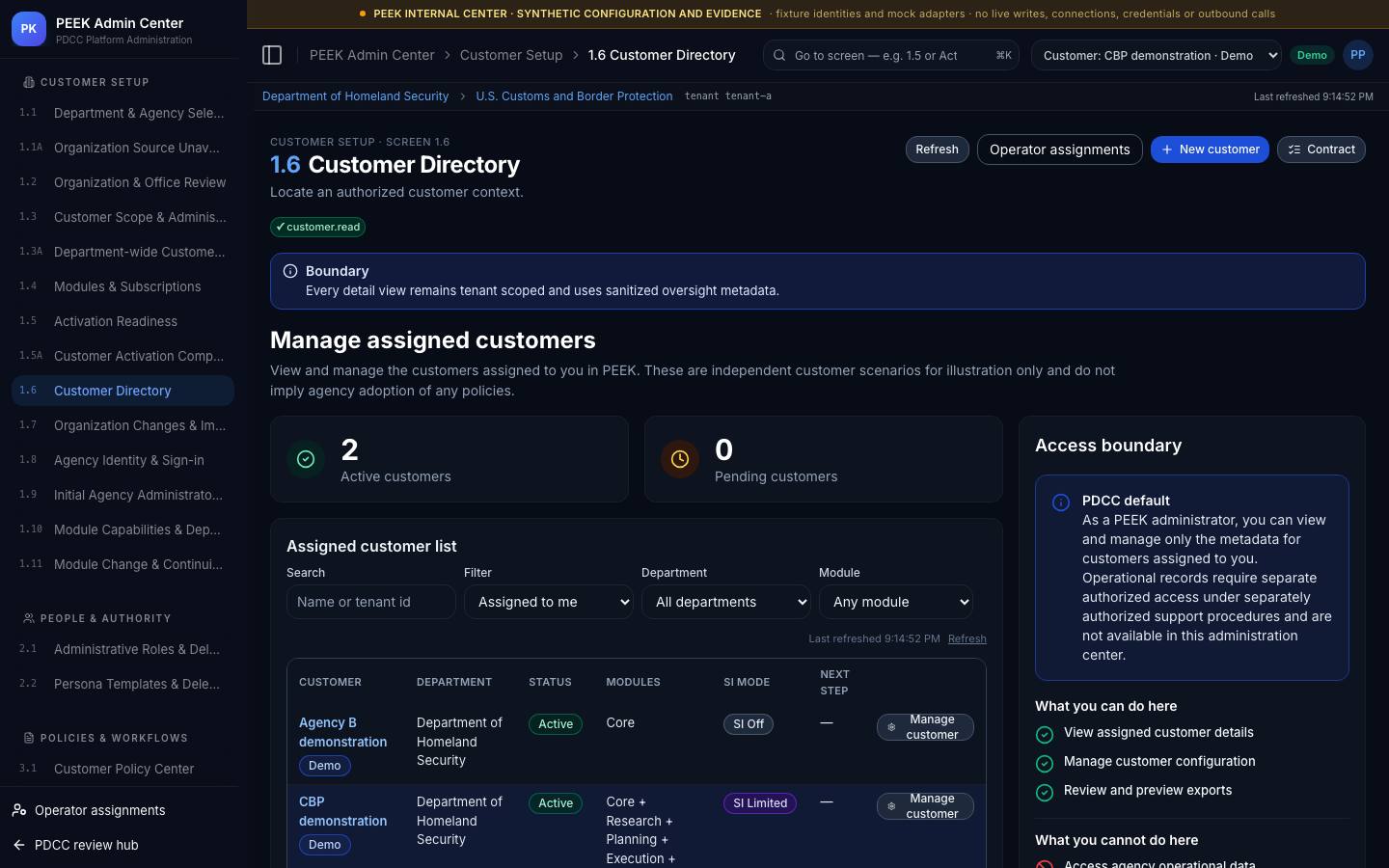 Customer Setup screen reference — /peek/customers/tenant-a/1-6