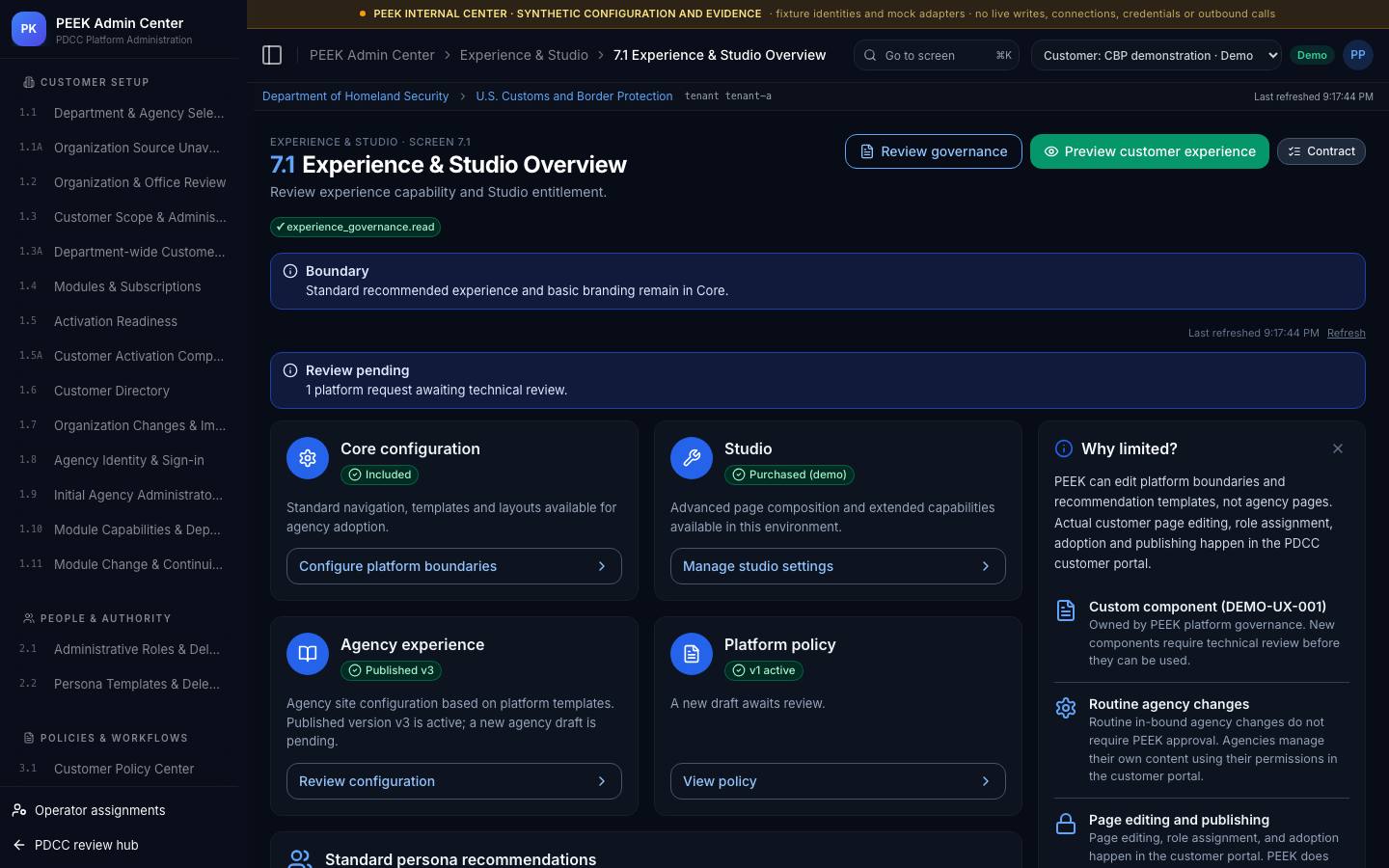 Experience overview, personas and navigation — /peek/customers/tenant-a/7-1