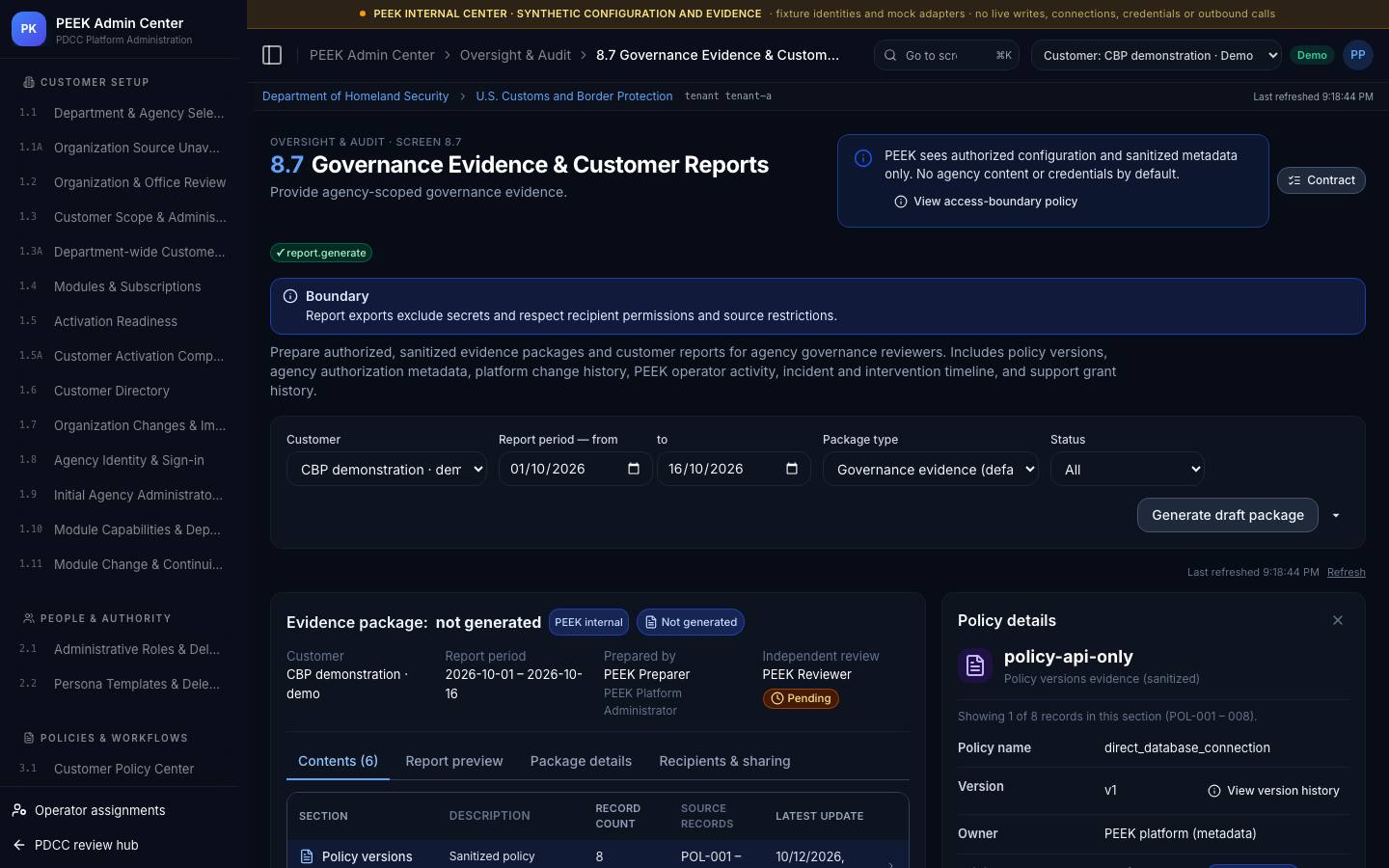Governance evidence and customer reports — /peek/customers/tenant-a/8-7