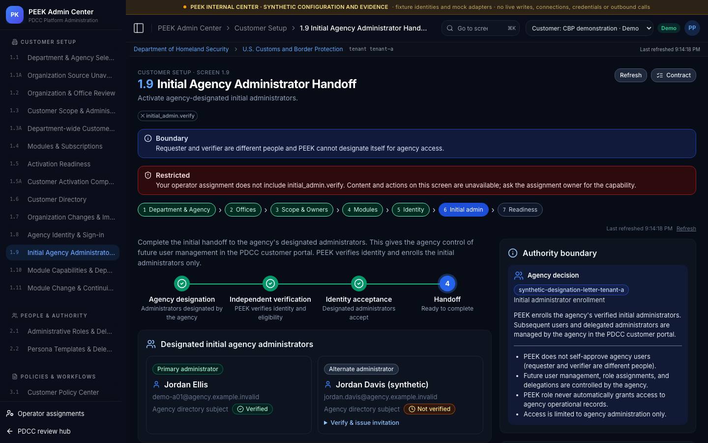 Initial agency administrator handoff — /peek/customers/tenant-a/1-9