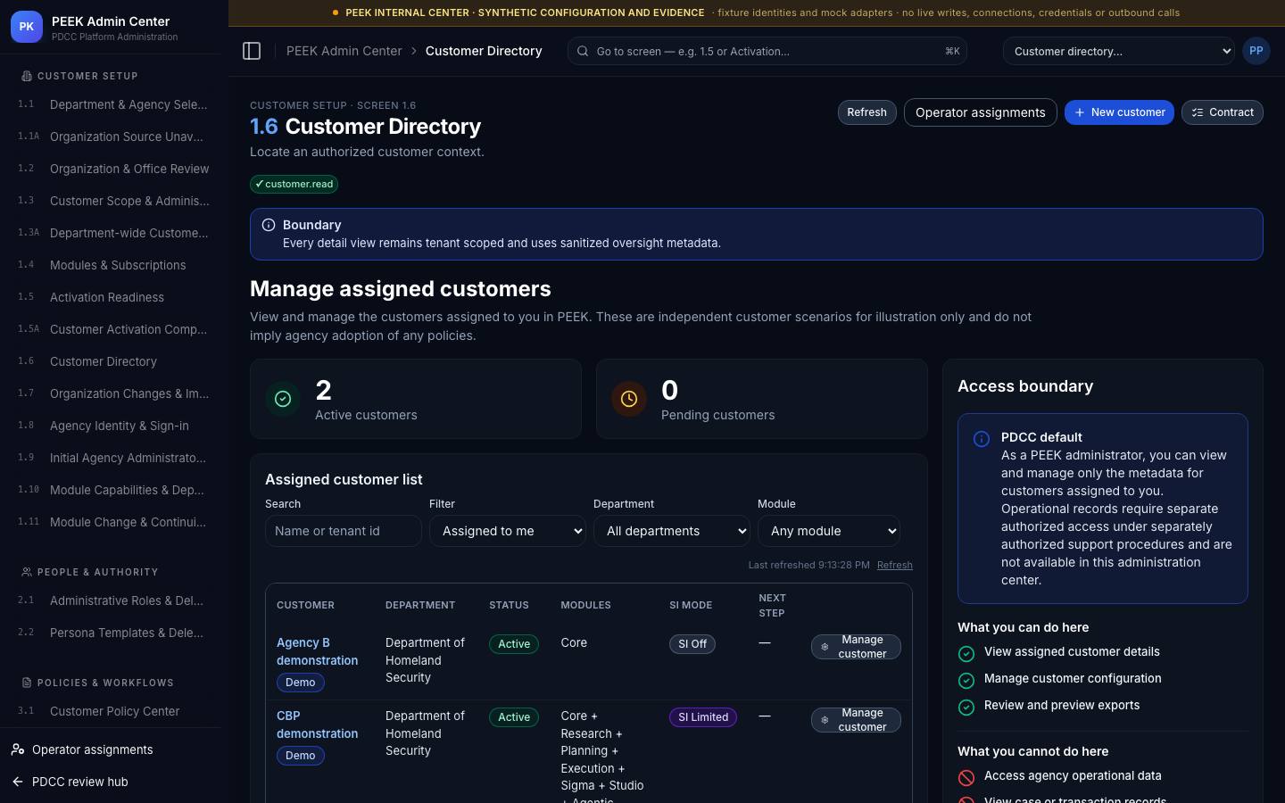 Navigating the center — /peek/customers