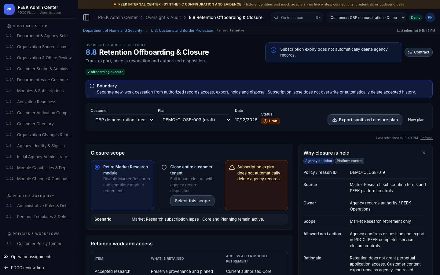 Retention, offboarding and closure — /peek/customers/tenant-a/8-8