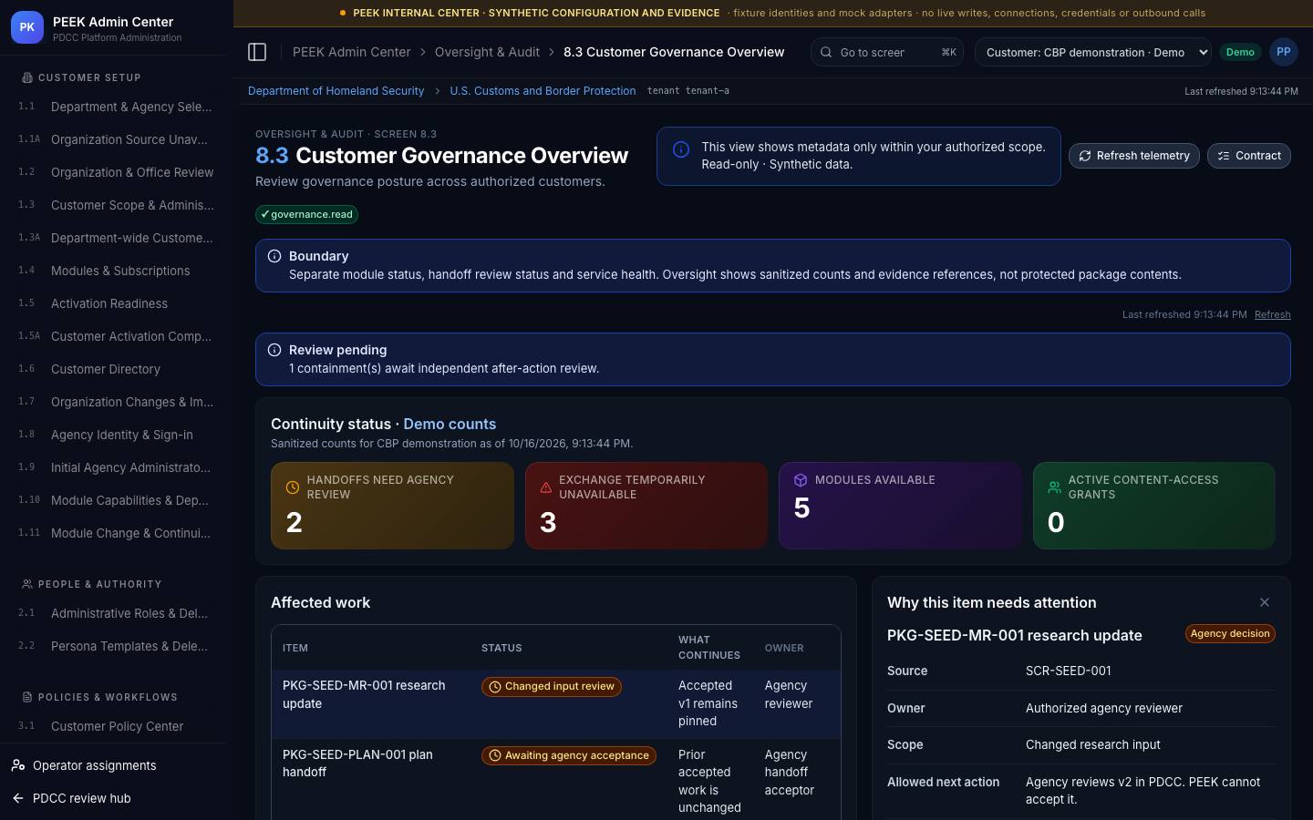 PEEK Administration Center overview — /peek/customers/tenant-a/8-3