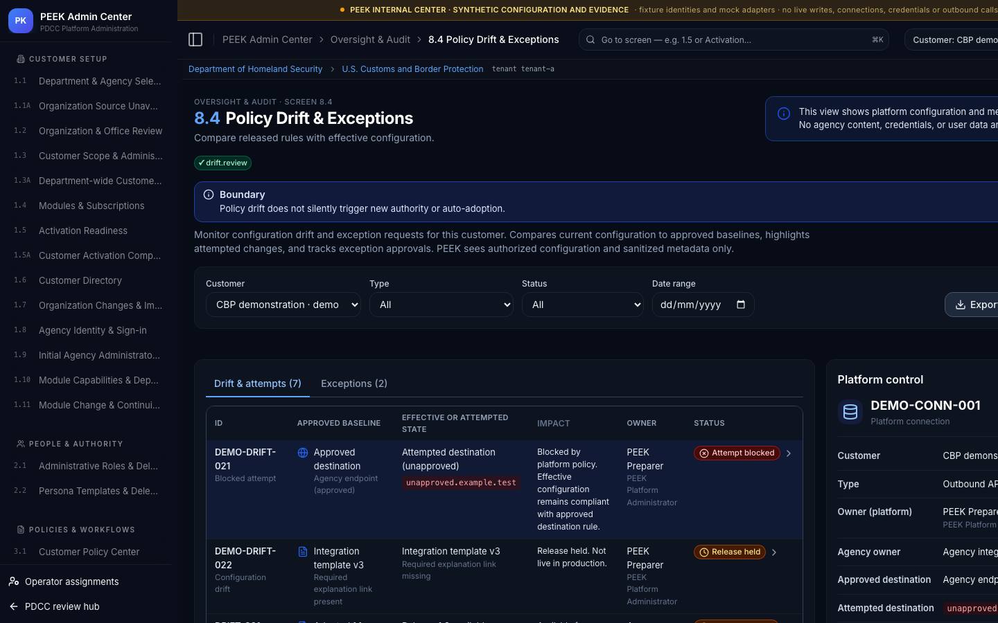Policy drift and exceptions — /peek/customers/tenant-a/8-4