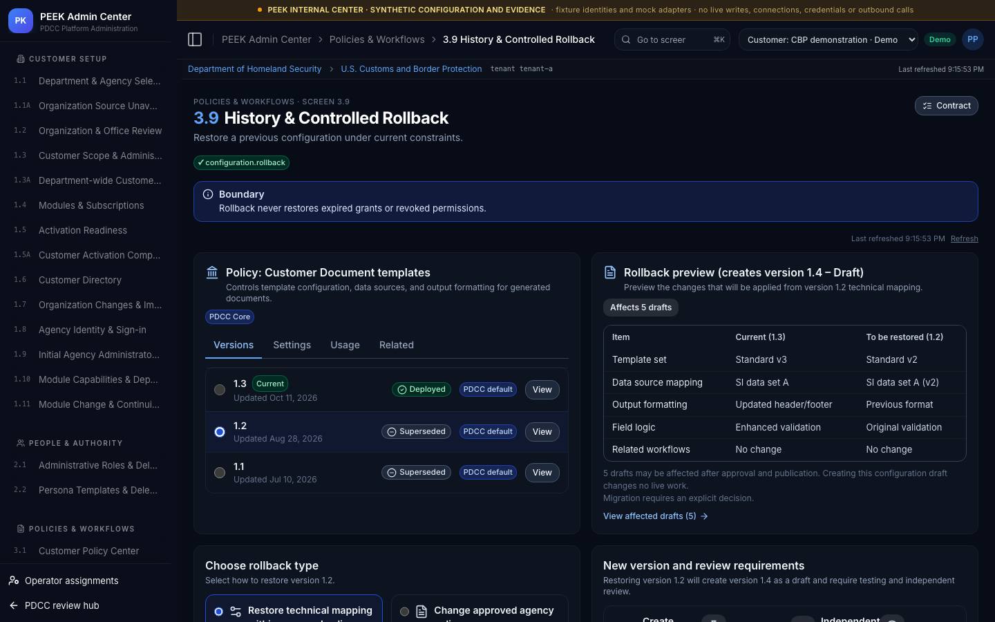 History and controlled rollback — /peek/customers/tenant-a/3-9