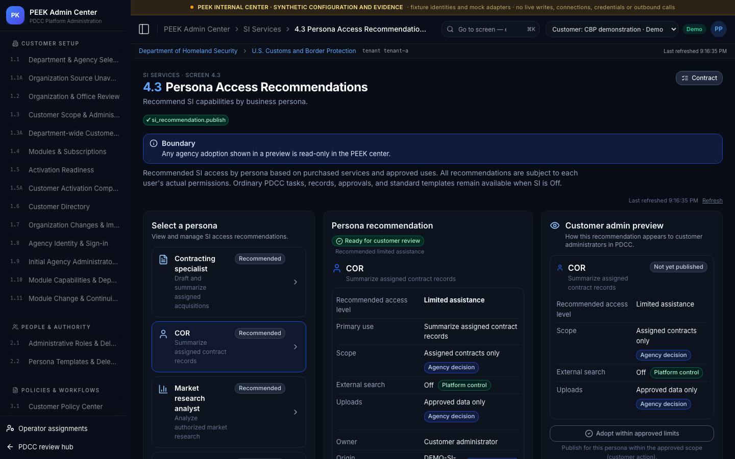 Permitted uses, persona access and evidence — /peek/customers/tenant-a/4-3