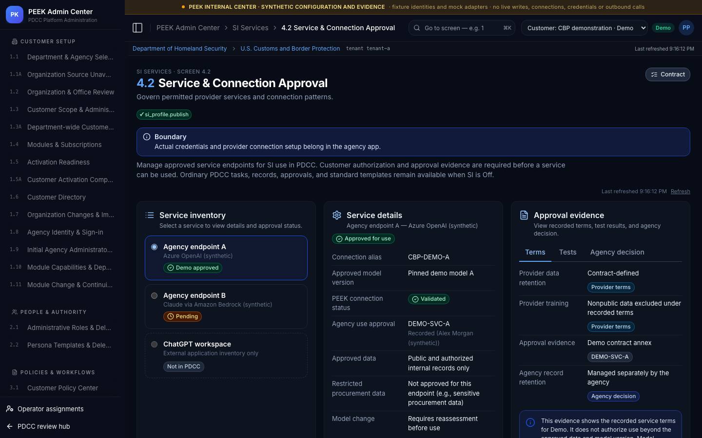 Provider approval and credential custody — /peek/customers/tenant-a/4-2
