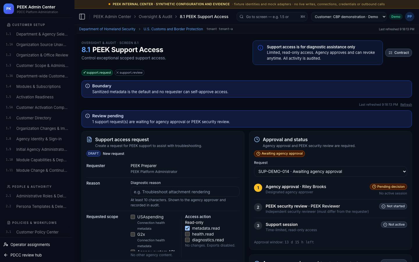 PEEK support access — /peek/customers/tenant-a/8-1