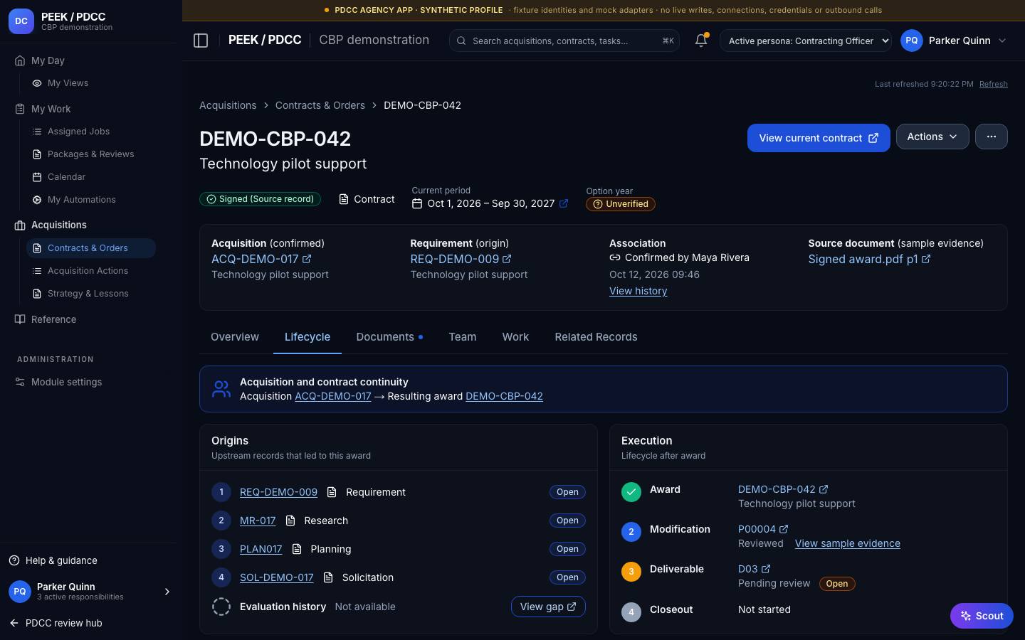 Plan review, award linking and lineage — /pdcc/acquisitions/contracts/CT-DEMO-007/lineage