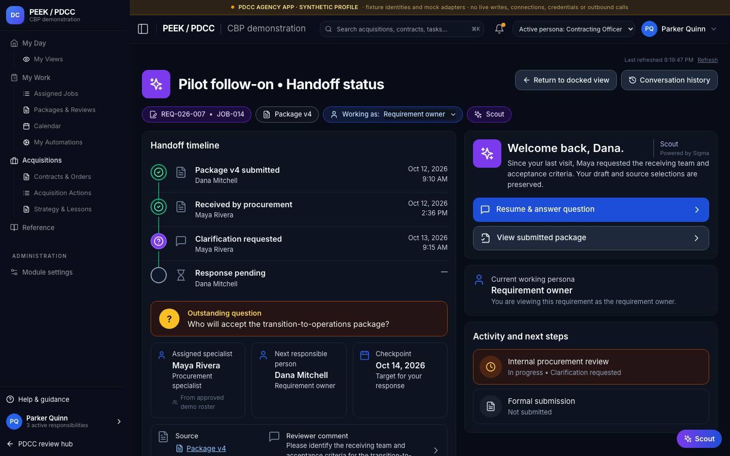 Guided requirement work and procurement handoff — /pdcc/acquisitions/requirements/guided/handoff