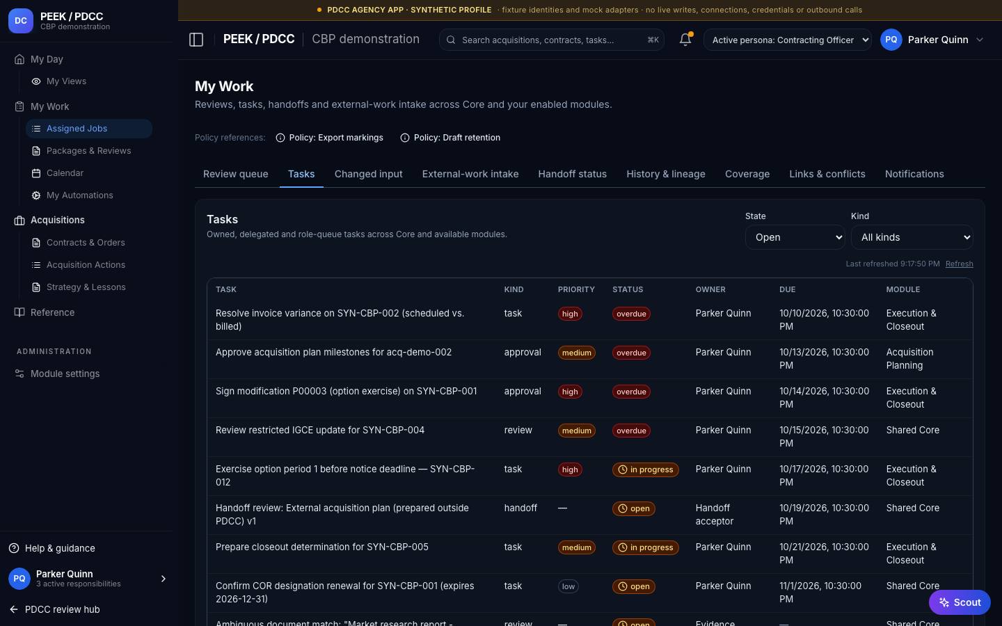 Tasks: create, reassign, delegate, reschedule and complete — /pdcc/my-work?tab=tasks